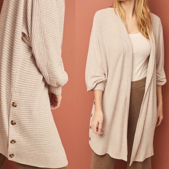 🆕Saturday Sunday by Anthropologie Tan Ribbed Long Sleeve Open Front Cardigan - Picture 2 of 5